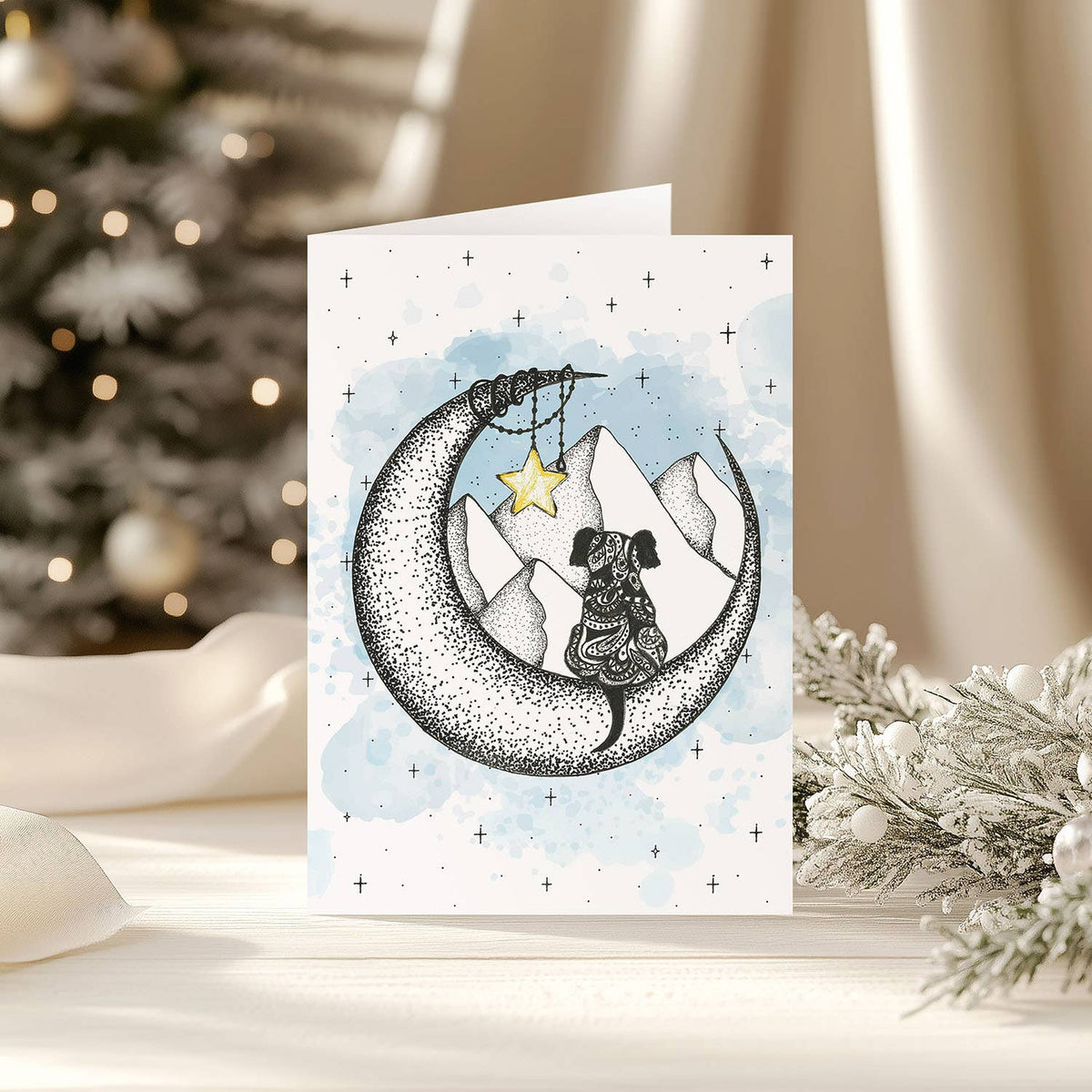 Dog Christmas Greeting Card Moonlit WInter Scene Art - image 4