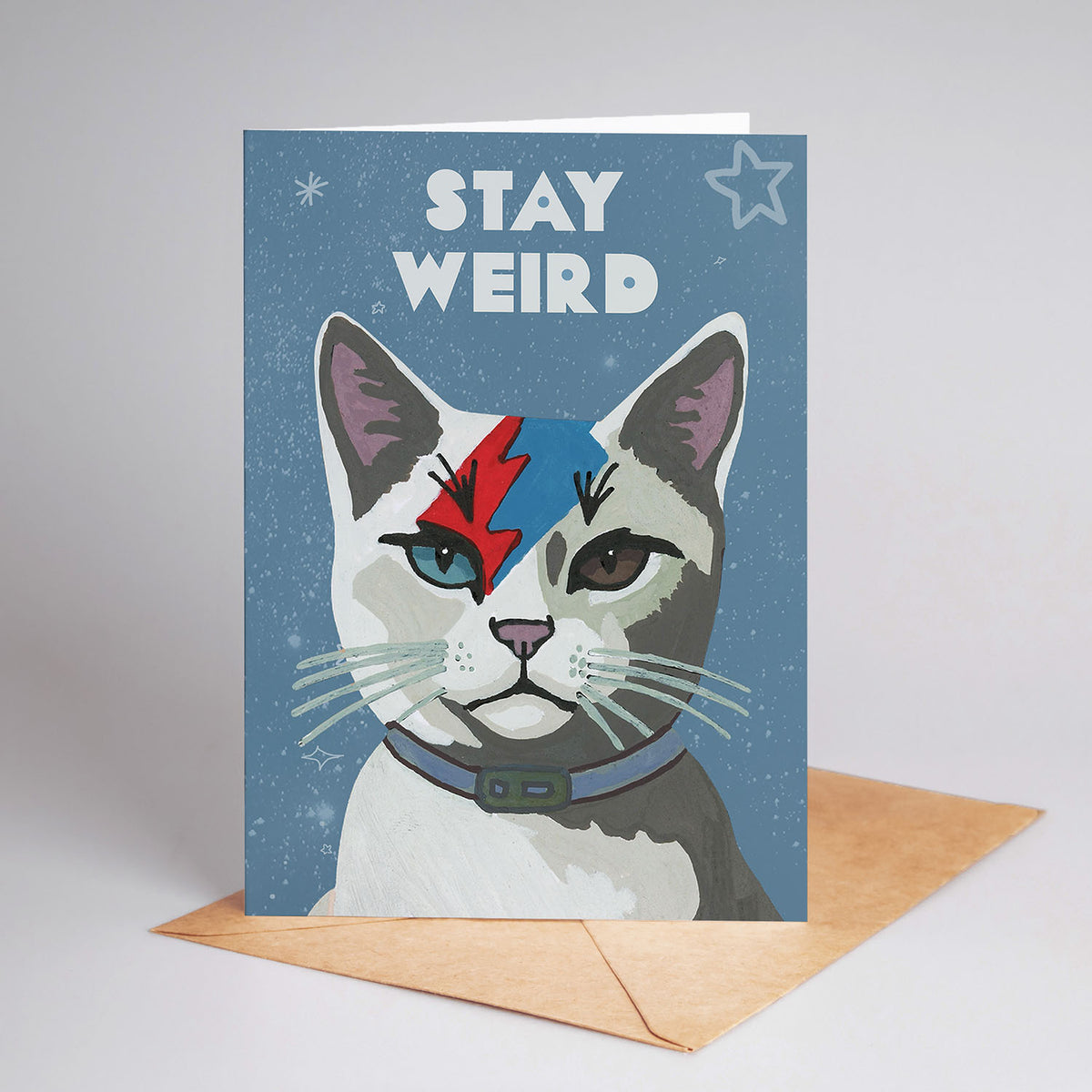 "Stay Weird" Kitty Meowdust Illustration A6 Blank Greeting Card