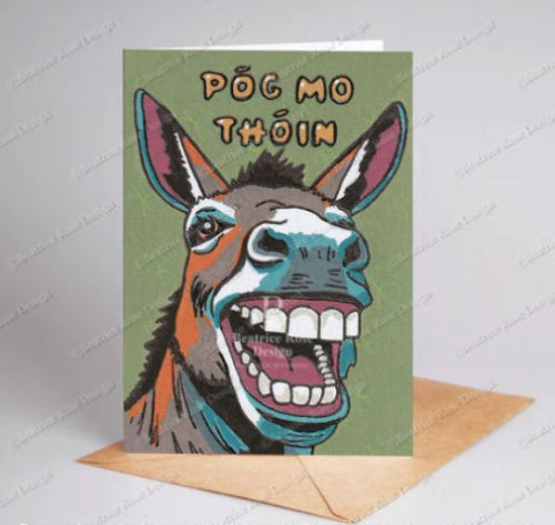 Greeting card with a donkey illustration and text on a gray background