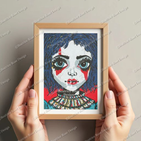 Framed artwork of a stylized face held by hands against a plain background