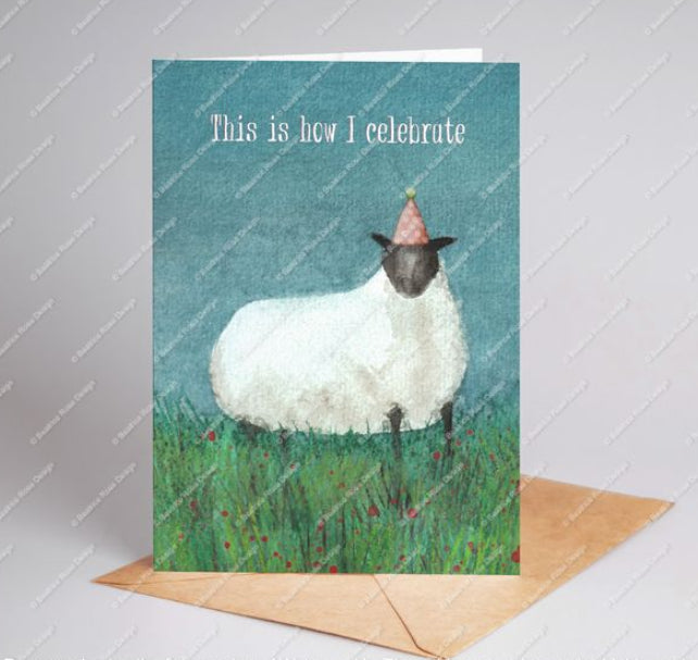 "This Is How I Celebrate" Illustrated Sheep A6 Blank Greeting Card