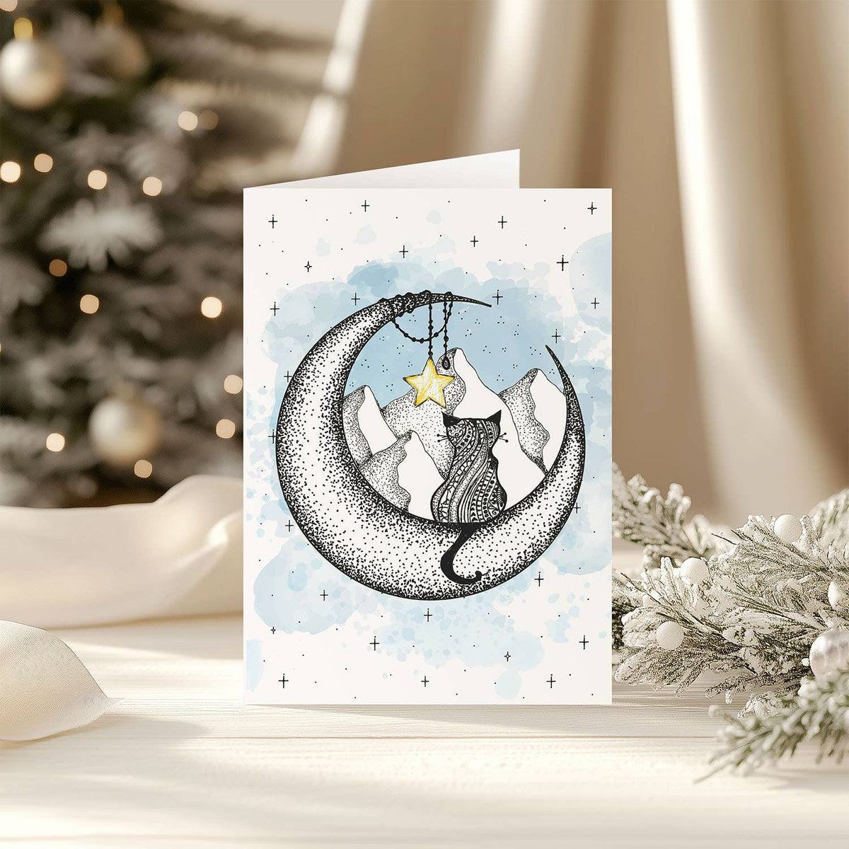 Cat Christmas Greeting Card Moonlit Winter Scene Art - image 4