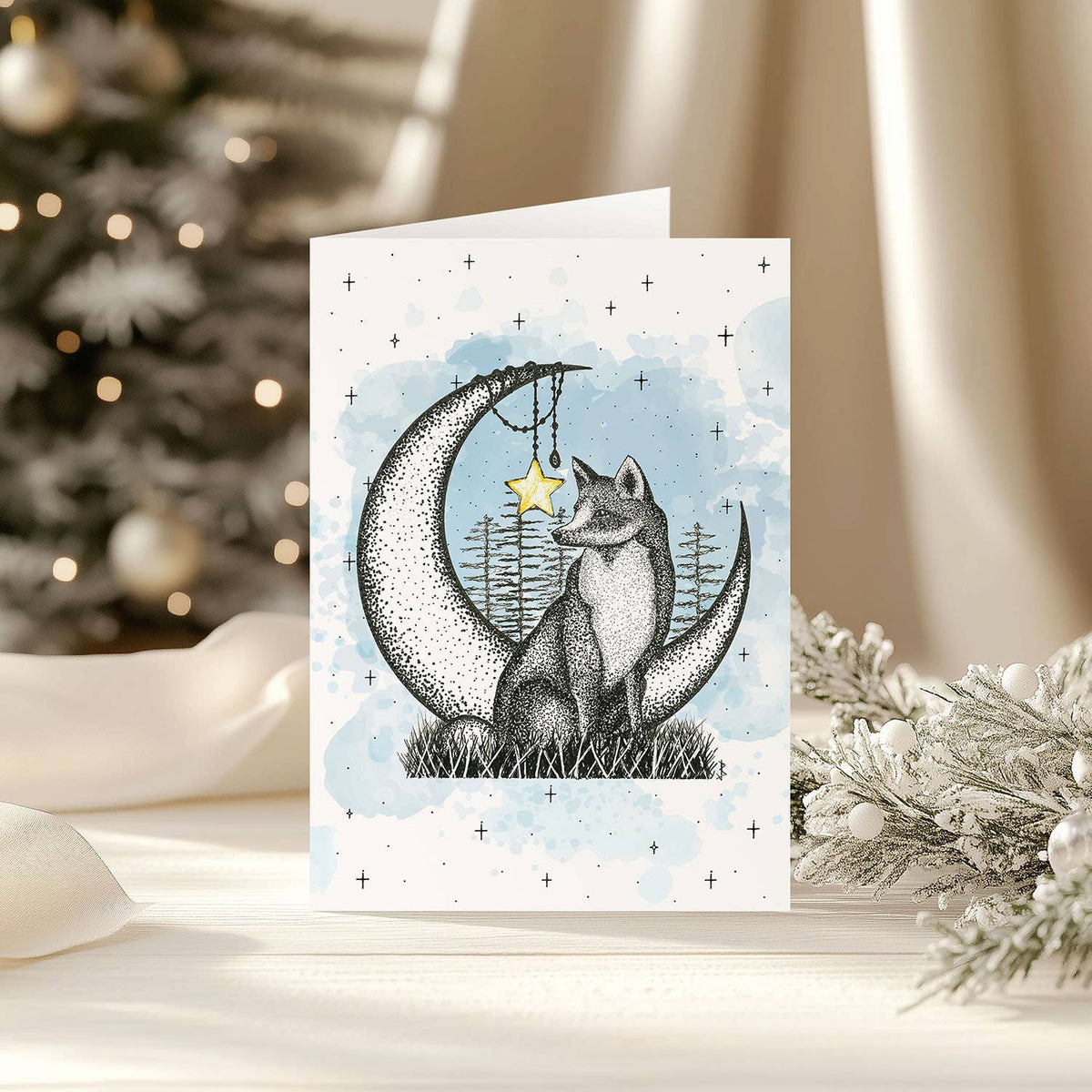 Fox Christmas Greeting Card Woodland Wildlife Moon Art - image 4