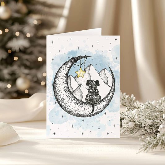 Dog Christmas Greeting Card Moonlit WInter Scene Art - image 4