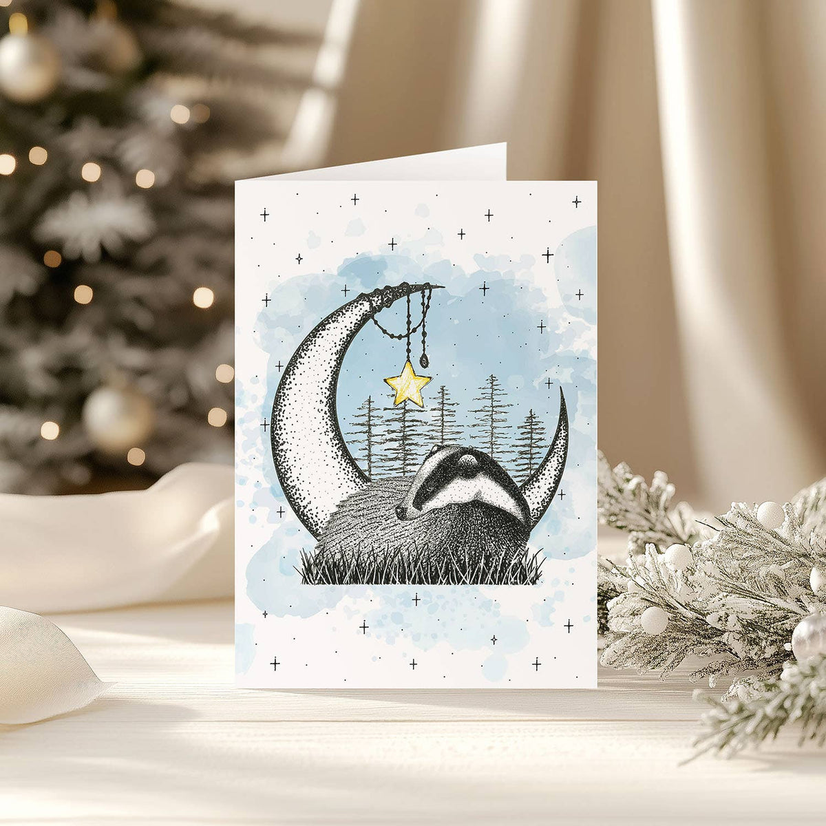 Badger Christmas Greeting Card Woodland Wildlife Moon Art - image 4