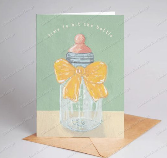 Greeting card with a baby bottle and bow design on a light green background