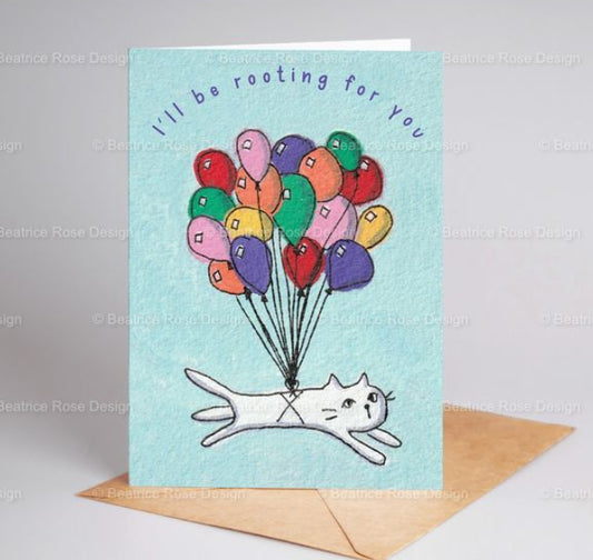 "I'll Be Rooting For You" Balloon Cat Illustration A6 Blank Greeting Card
