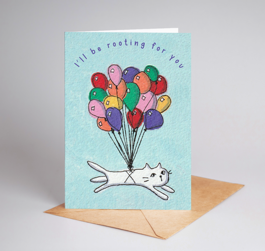 "I'll Be Rooting For You" Balloon Cat Illustration A6 Blank Greeting Card