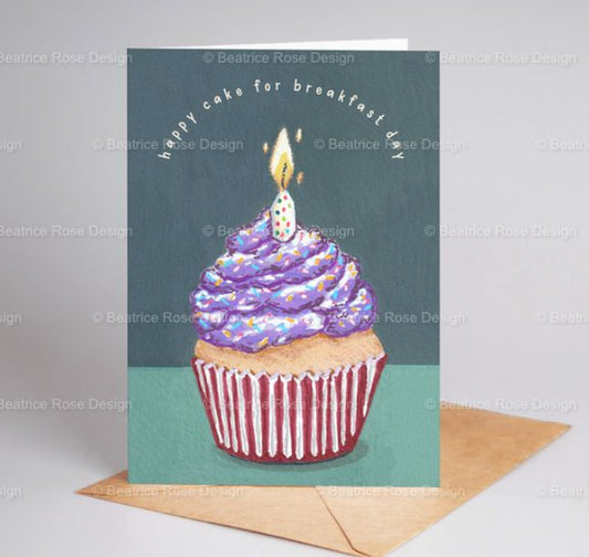 "Happy Cake For Breakfast Day" Birthday Cupcake A6 Blank Greeting Card