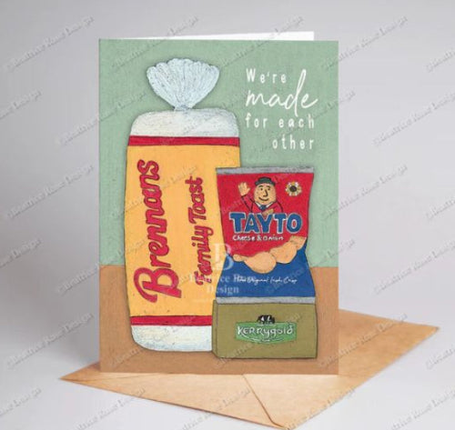 Card with vintage-style packaging of Brennans, Tayto, and Kerrygold on a gray background