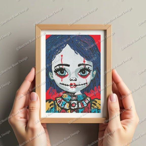 Framed artwork with a colorful face design held by hands against a neutral background