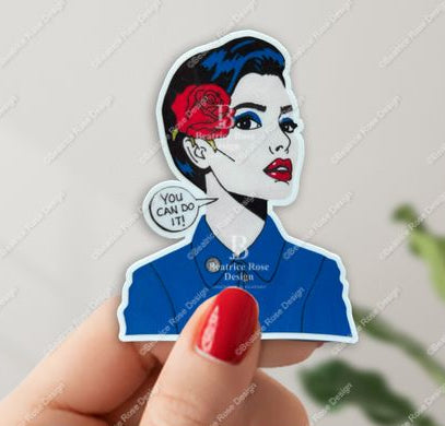 Sticker of a woman with a red rose in her hair held by a hand with red nail polish.